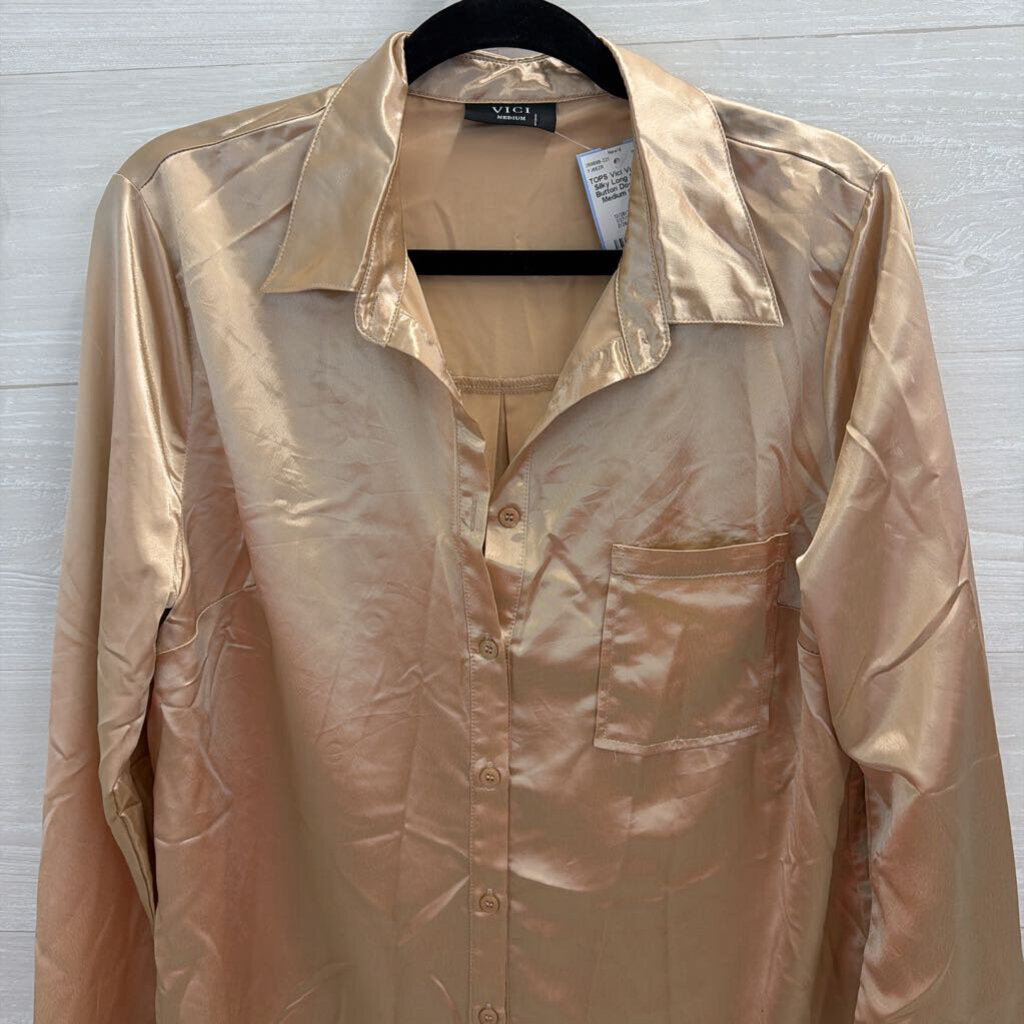 Vici Gold Silky Long Sleeve Button Down Top Medium