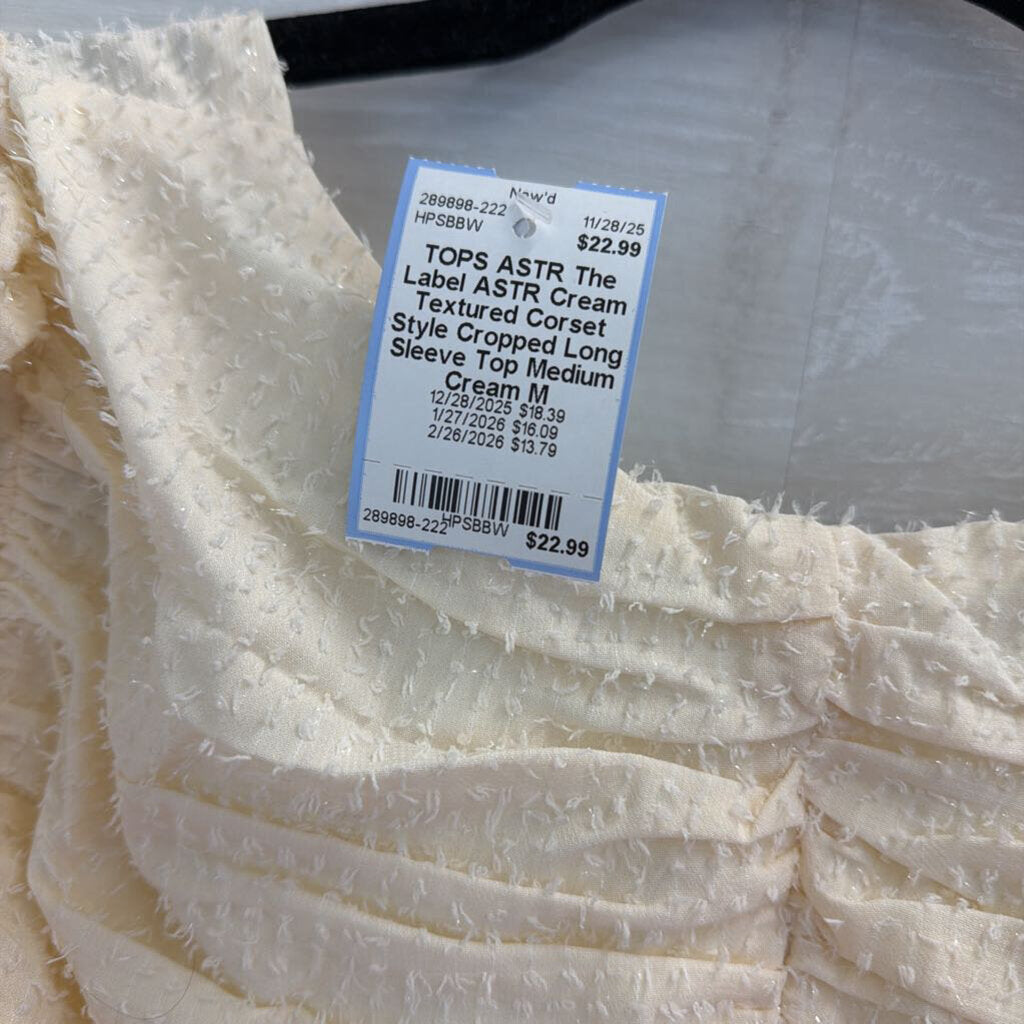 ASTR Cream Textured Corset Style Cropped Long Sleeve Top Medium