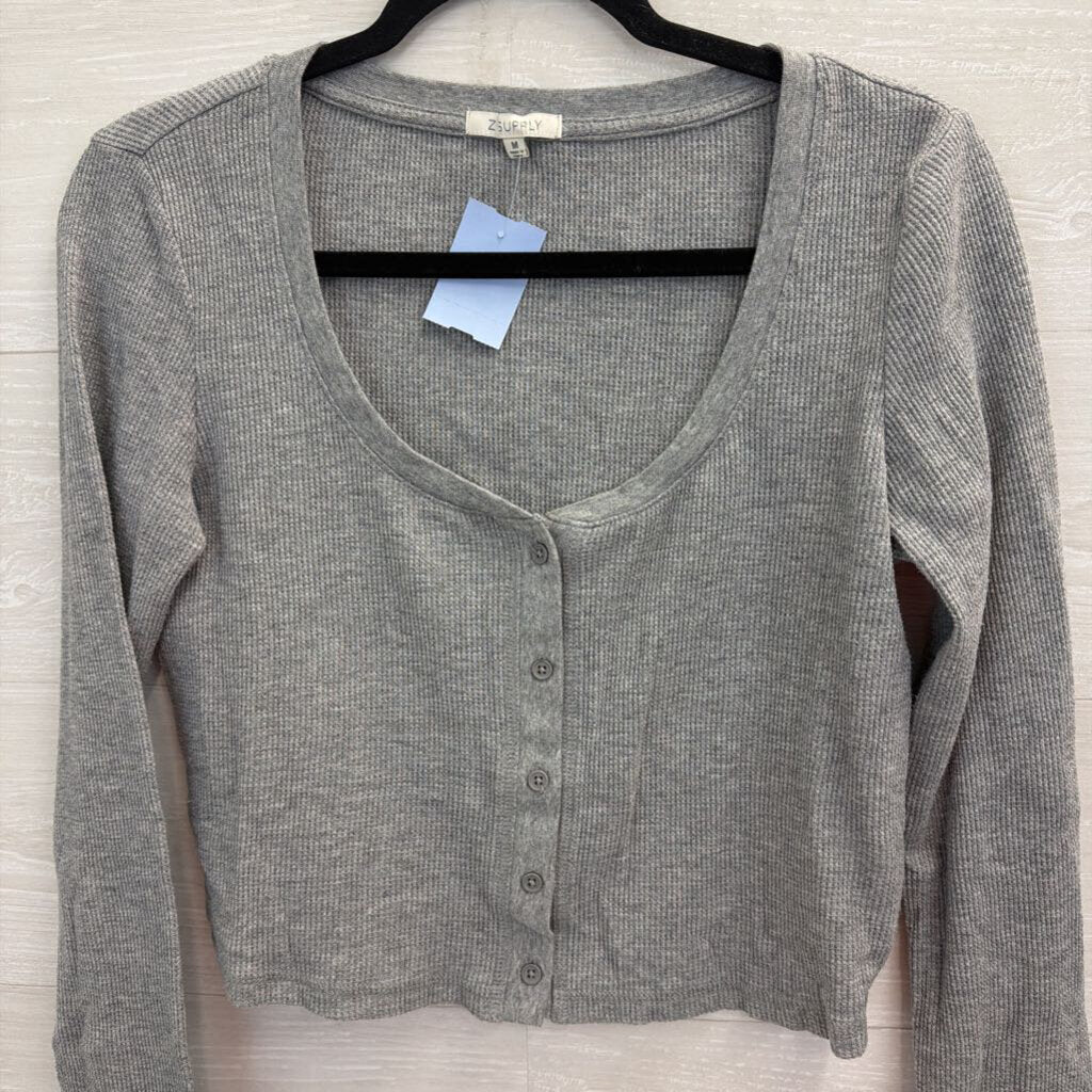 Z Supply Grey Textured Cropped Long Sleeve Henley Top Medium