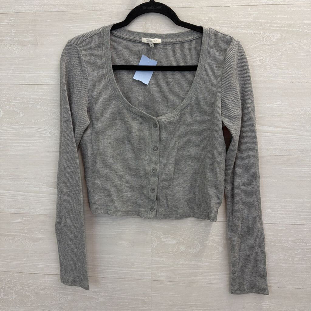 Z Supply Grey Textured Cropped Long Sleeve Henley Top Medium