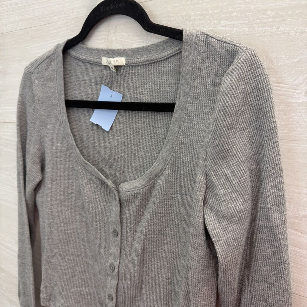 Z Supply Grey Textured Cropped Long Sleeve Henley Top Medium