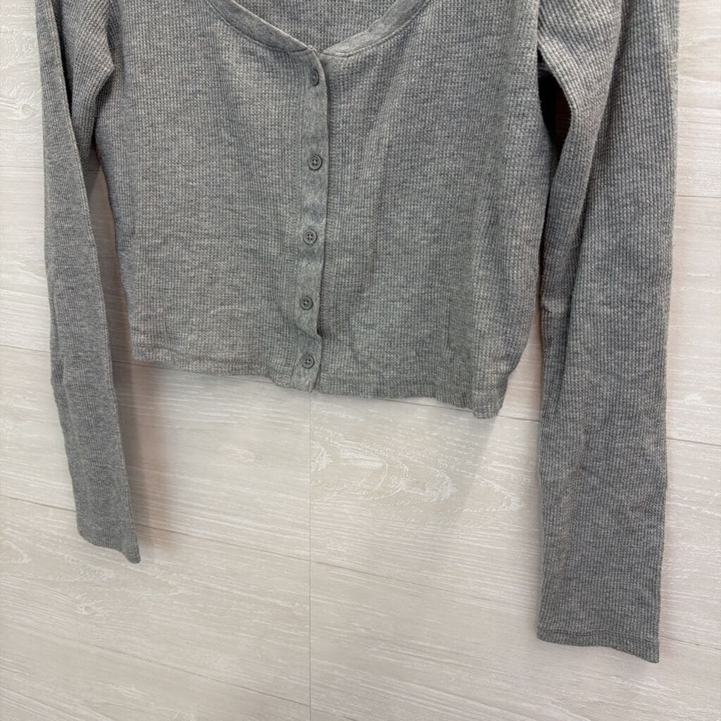 Z Supply Grey Textured Cropped Long Sleeve Henley Top Medium