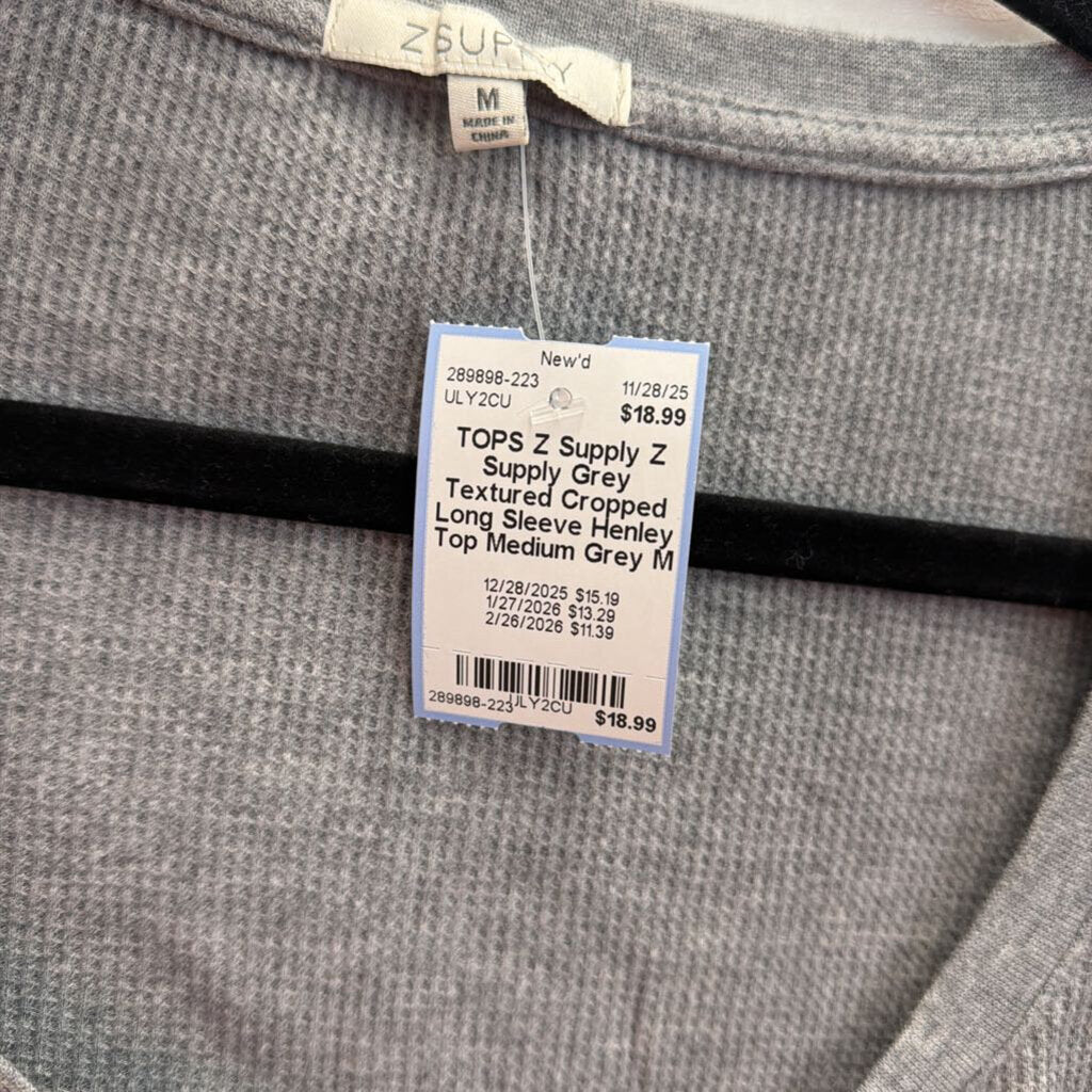 Z Supply Grey Textured Cropped Long Sleeve Henley Top Medium