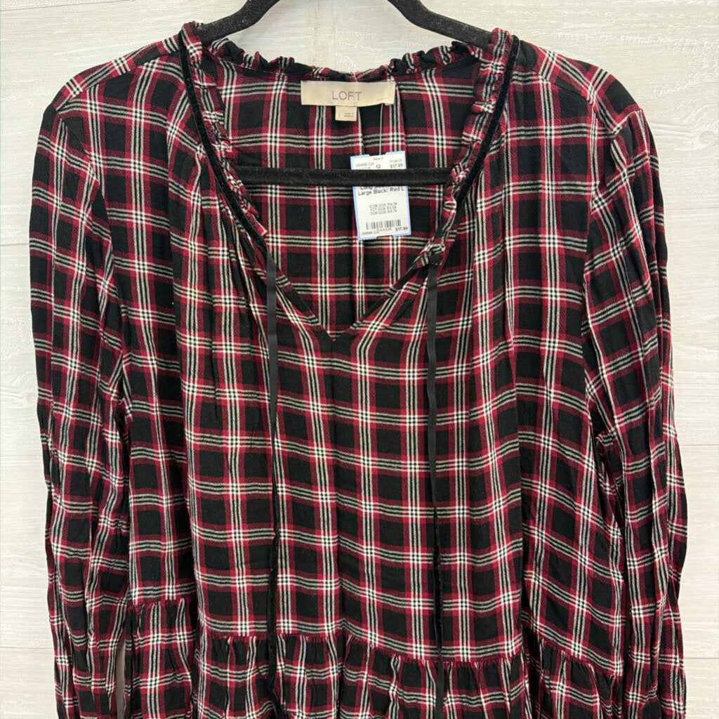 Loft Black/ Red Plaid Long Sleeve Top Large
