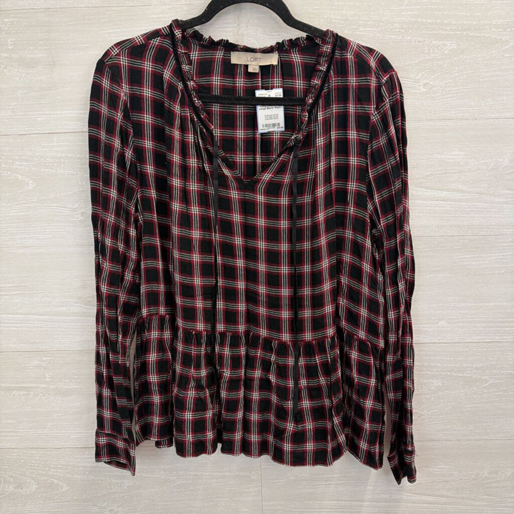 Loft Black/ Red Plaid Long Sleeve Top Large