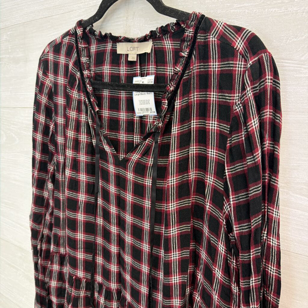 Loft Black/ Red Plaid Long Sleeve Top Large