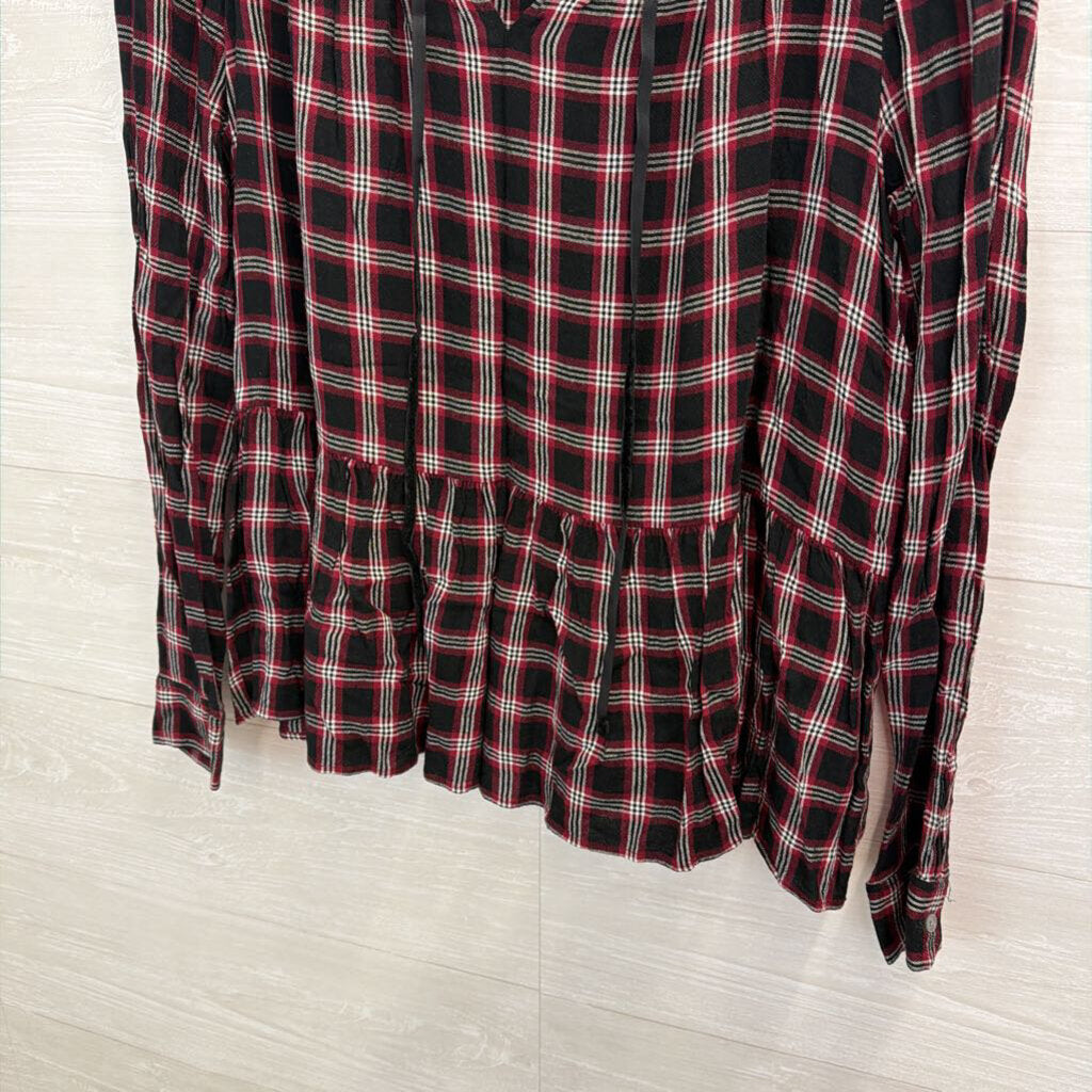 Loft Black/ Red Plaid Long Sleeve Top Large