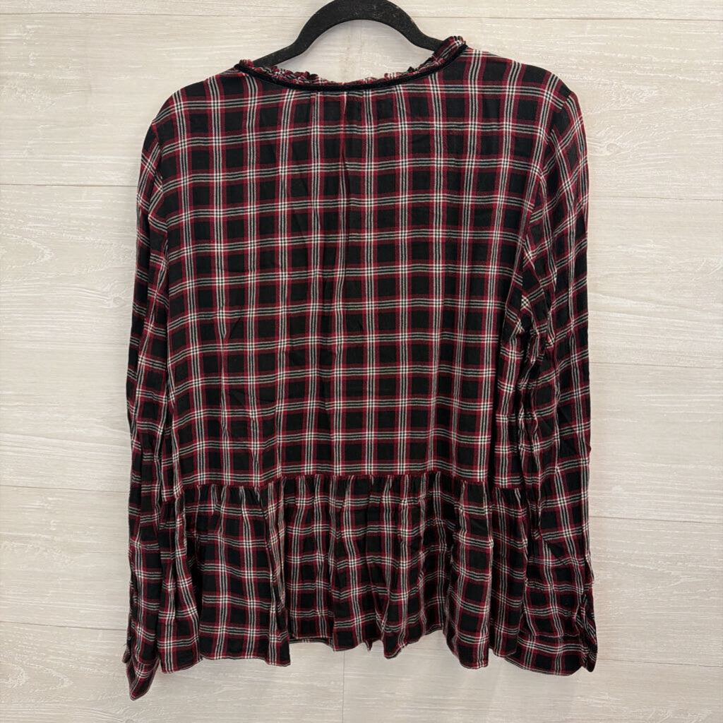 Loft Black/ Red Plaid Long Sleeve Top Large
