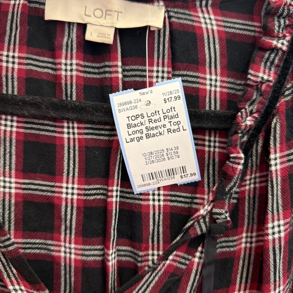 Loft Black/ Red Plaid Long Sleeve Top Large