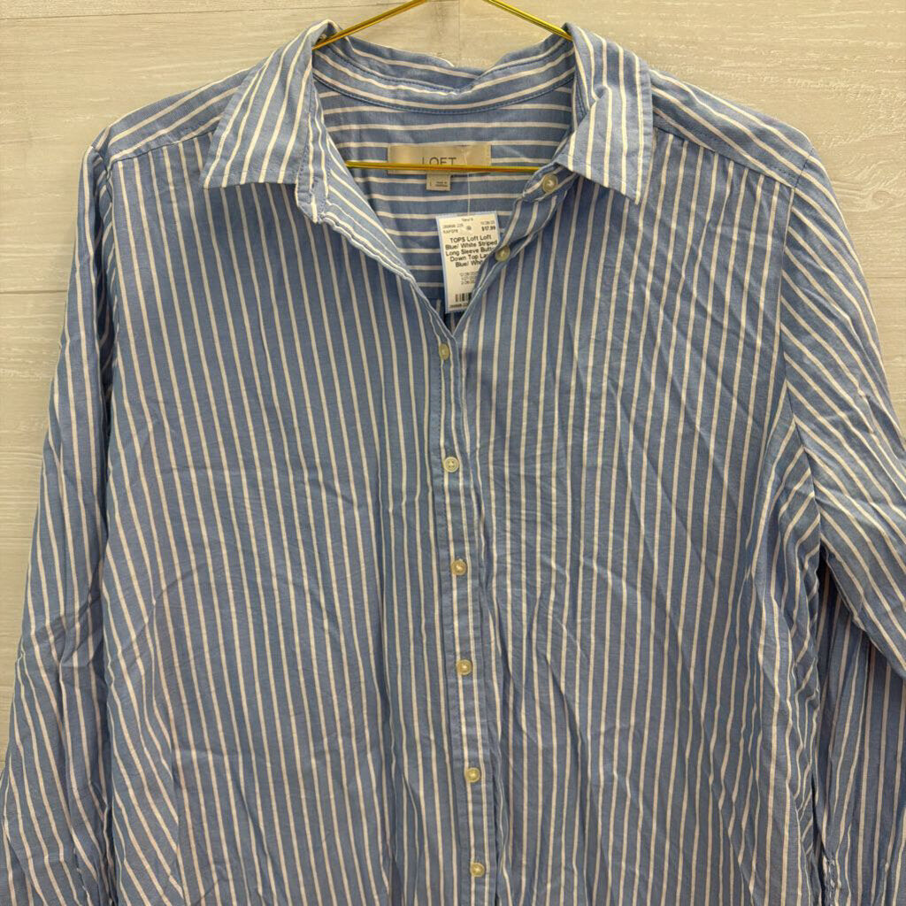 Loft Blue/ White Striped Long Sleeve Button Down Top Large