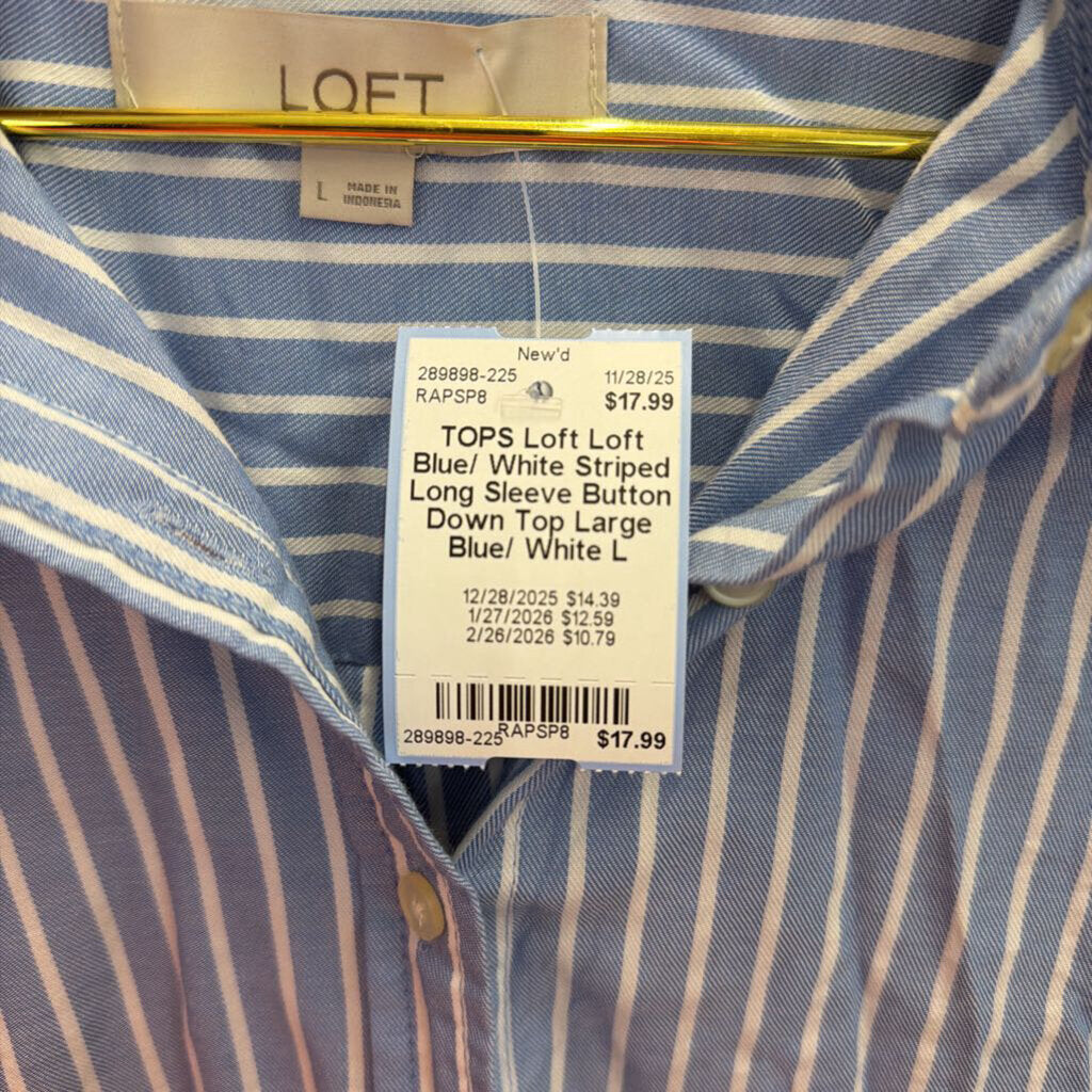 Loft Blue/ White Striped Long Sleeve Button Down Top Large