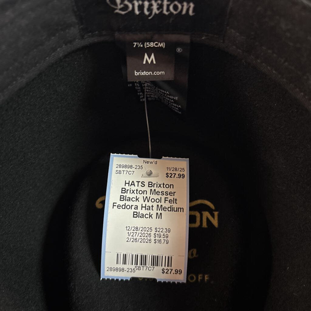 Brixton Messer Black Wool Felt Fedora Hat Medium