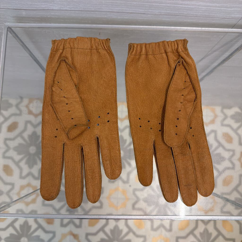 Vintage Brown Pigskin Laser Cut Driving Gloves Large