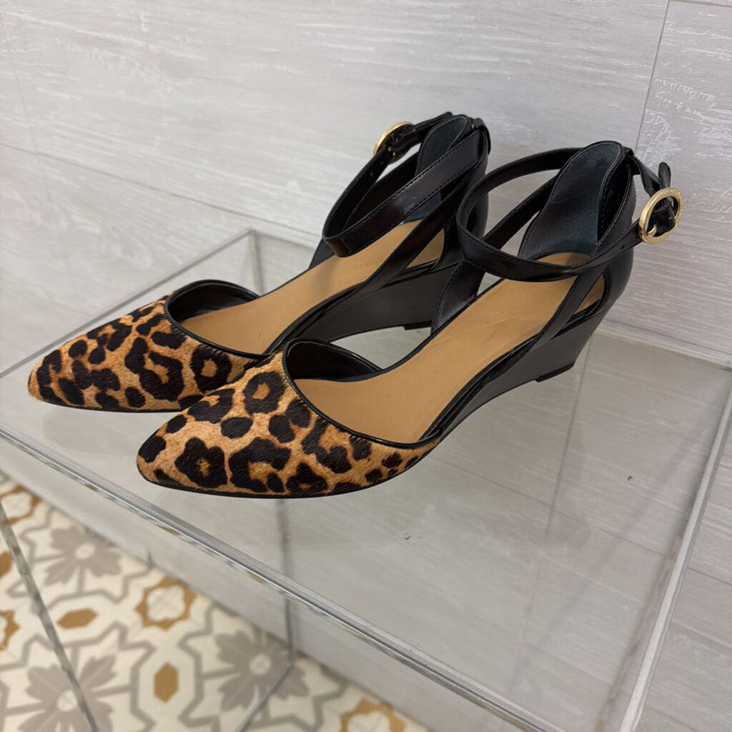Franco Sarto Black/ Brown Tinley Leopard Print Ankle Strap Wedge Heels 7