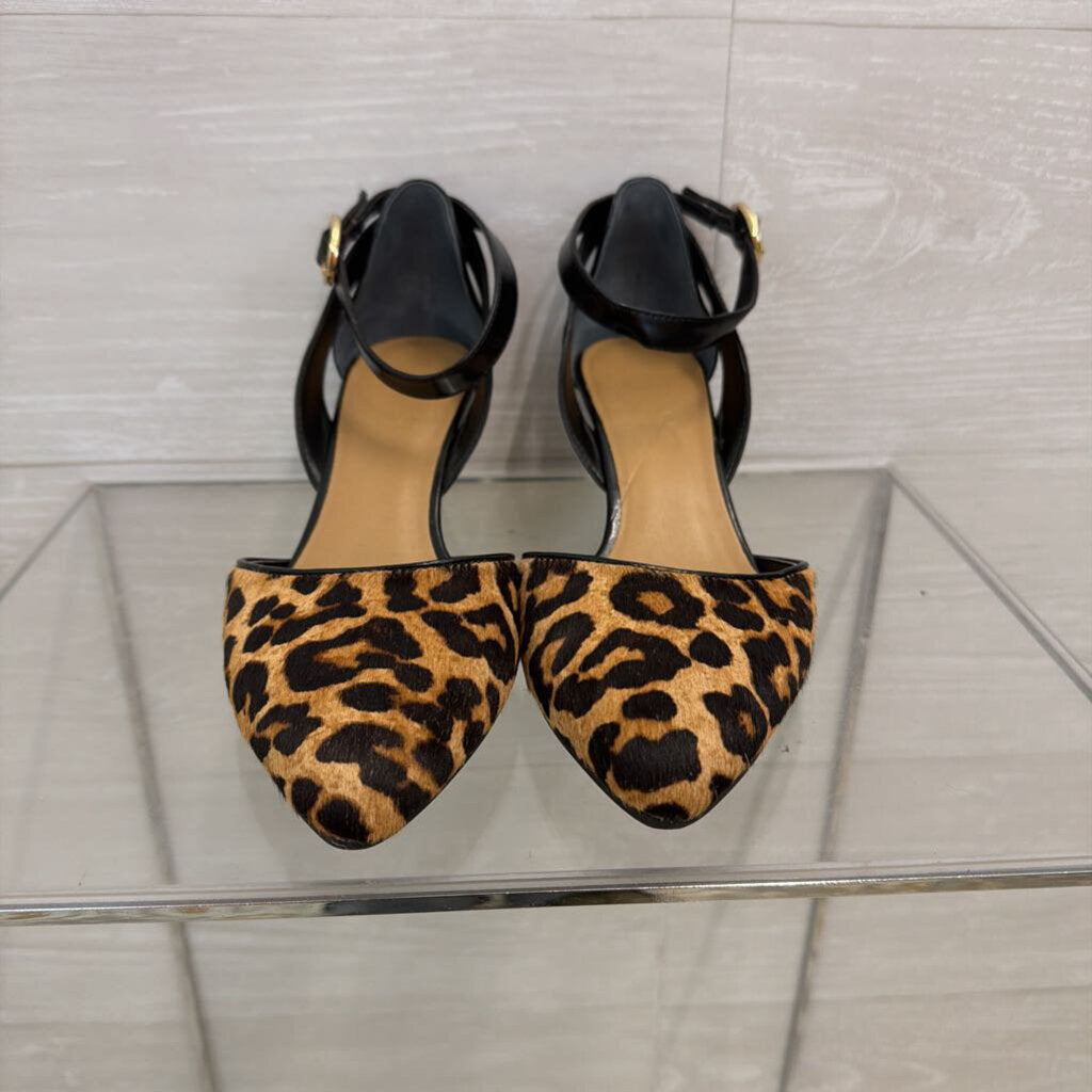 Franco Sarto Black/ Brown Tinley Leopard Print Ankle Strap Wedge Heels 7