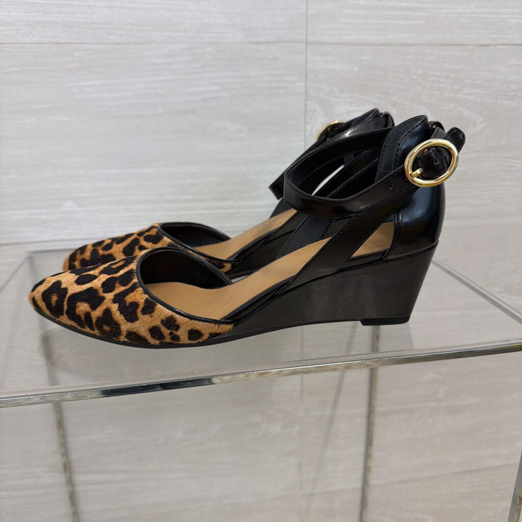 Franco Sarto Black/ Brown Tinley Leopard Print Ankle Strap Wedge Heels 7