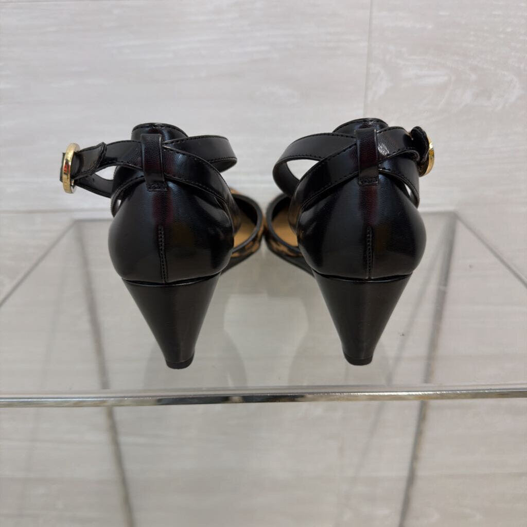 Franco Sarto Black/ Brown Tinley Leopard Print Ankle Strap Wedge Heels 7