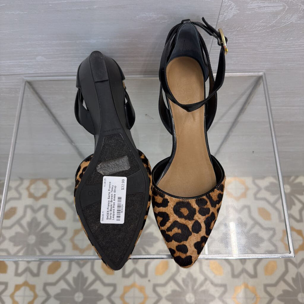 Franco Sarto Black/ Brown Tinley Leopard Print Ankle Strap Wedge Heels 7