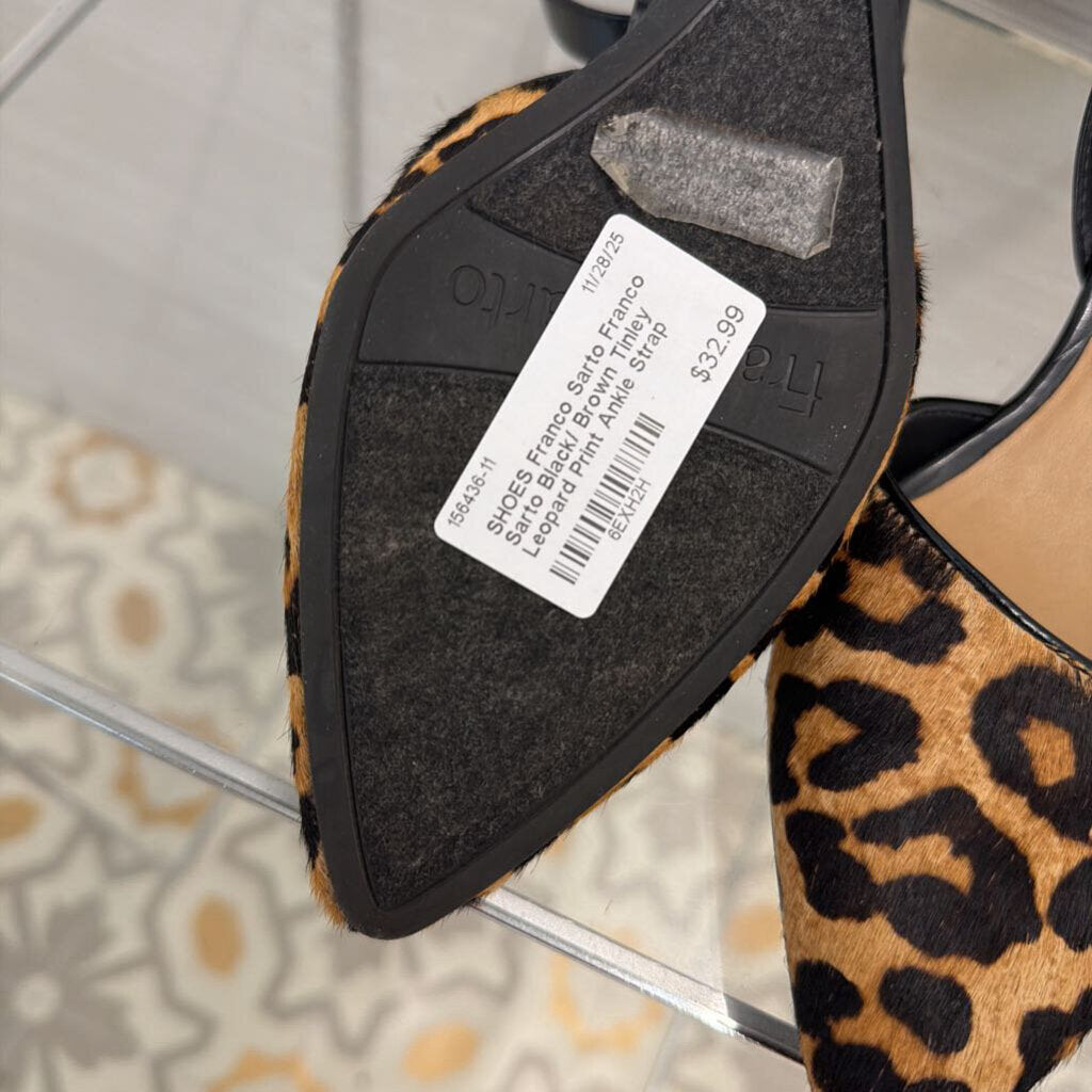 Franco Sarto Black/ Brown Tinley Leopard Print Ankle Strap Wedge Heels 7