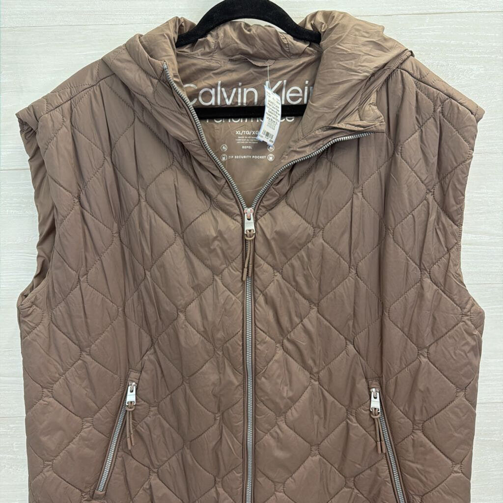 Calvin Klein Performance Brown Quilted Puffer Hooded Vest Extra Large
