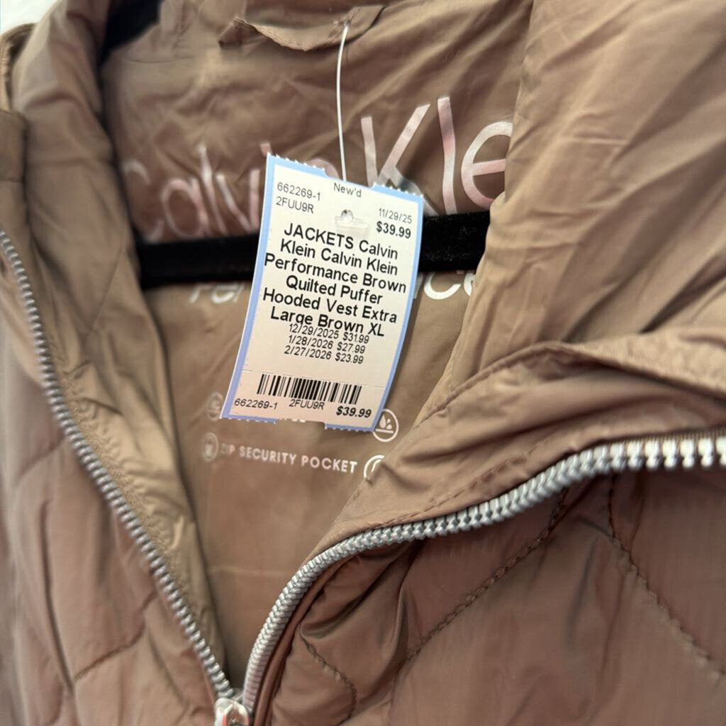 Calvin Klein Performance Brown Quilted Puffer Hooded Vest Extra Large