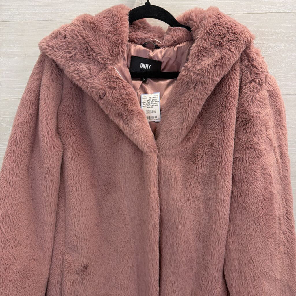 DKNY Pink Soft Faux Fur Long Hooded Jacket Extra Large