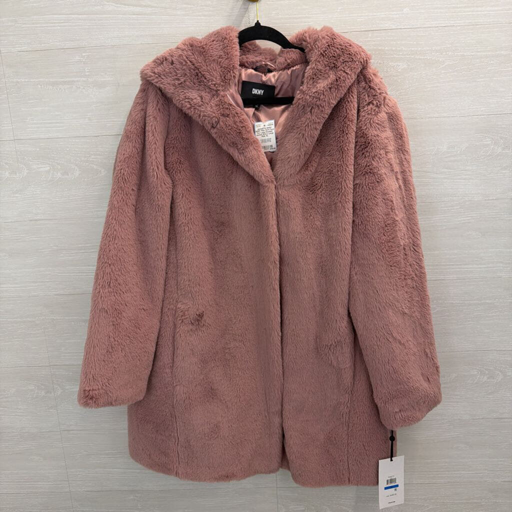 DKNY Pink Soft Faux Fur Long Hooded Jacket Extra Large