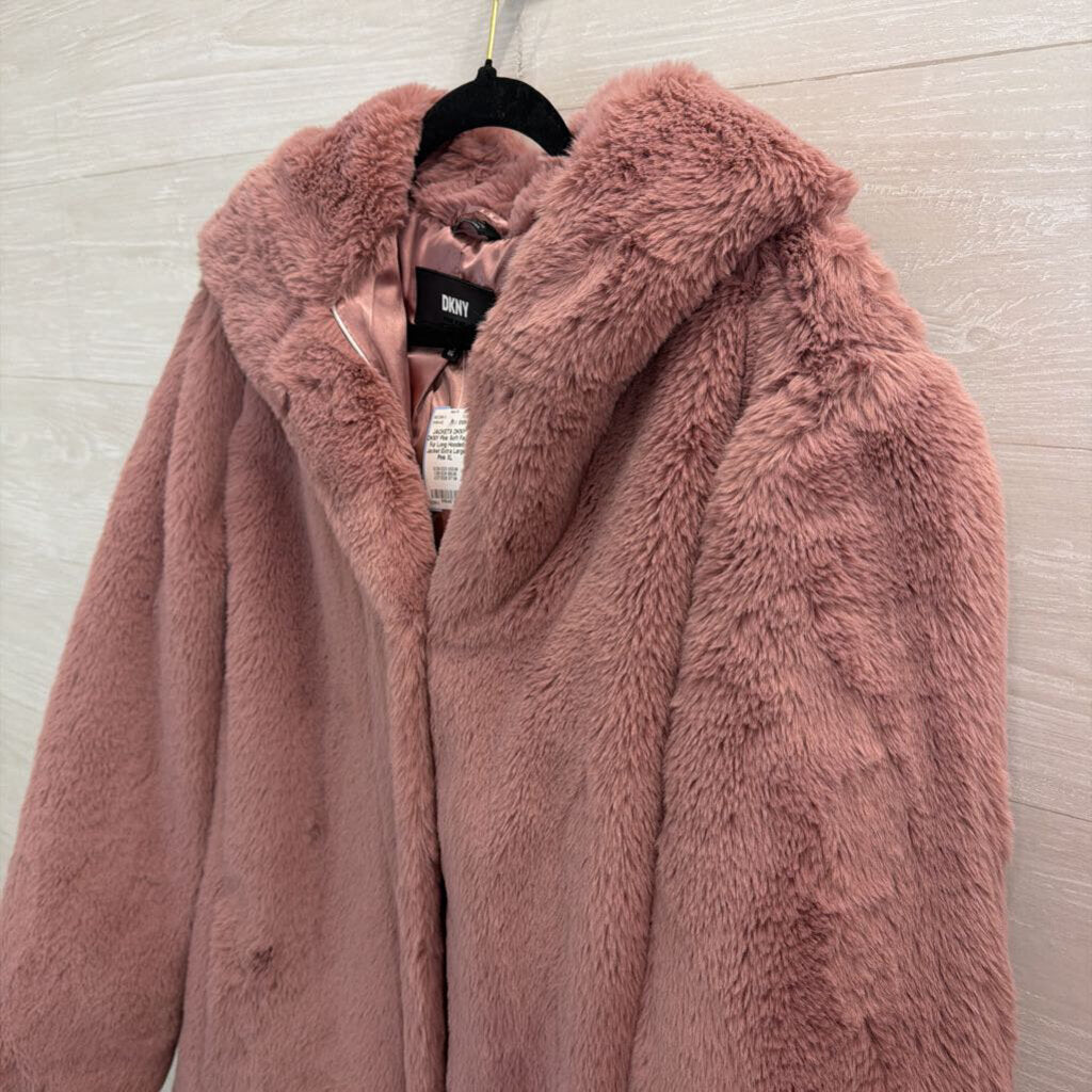 DKNY Pink Soft Faux Fur Long Hooded Jacket Extra Large