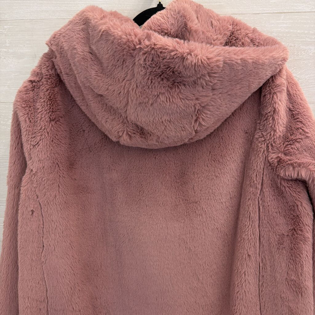 DKNY Pink Soft Faux Fur Long Hooded Jacket Extra Large