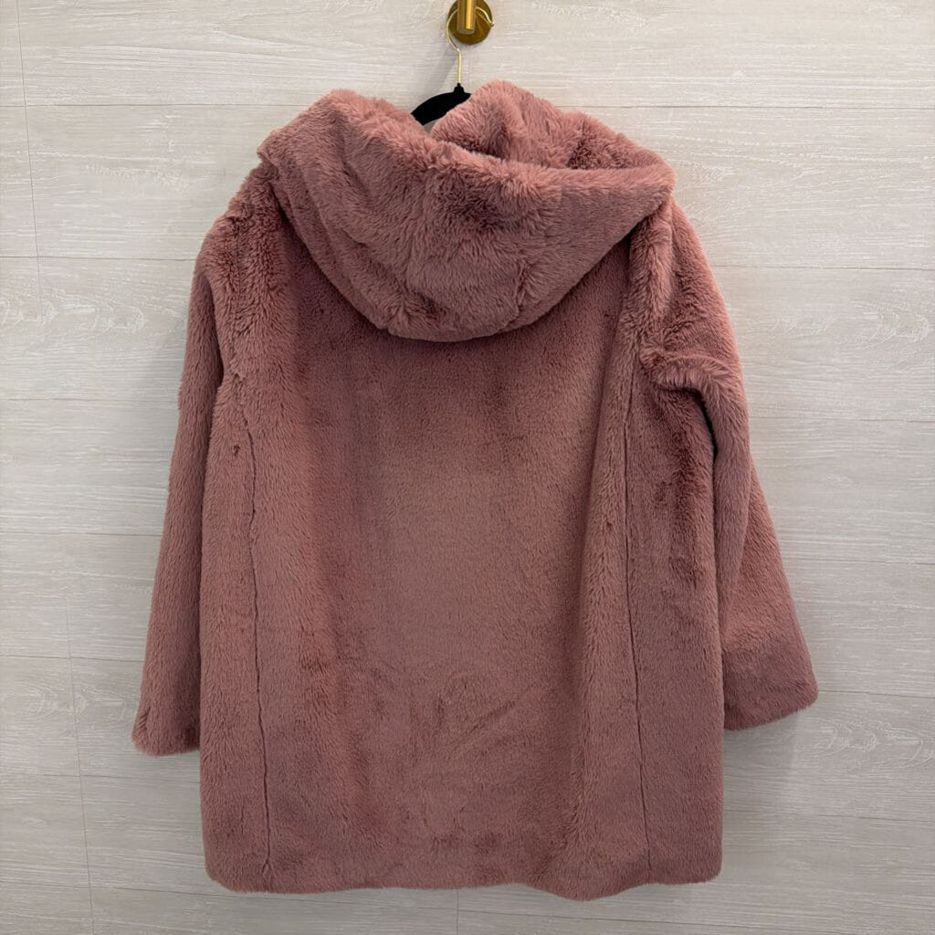 DKNY Pink Soft Faux Fur Long Hooded Jacket Extra Large
