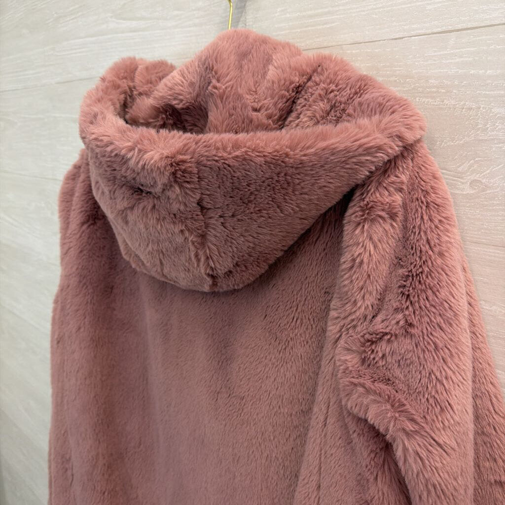 DKNY Pink Soft Faux Fur Long Hooded Jacket Extra Large