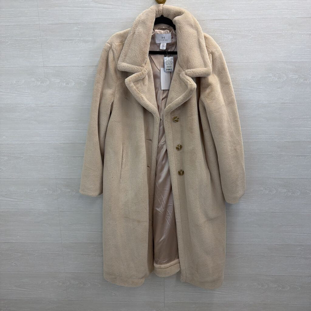 H Halston Cream Soft Faux Fur Long Jacket Extra Large