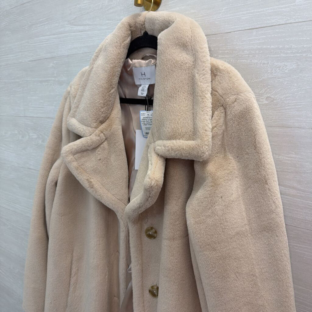 H Halston Cream Soft Faux Fur Long Jacket Extra Large