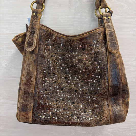 Frye Deborah Brown Distressed Leather Studded Tote Purse