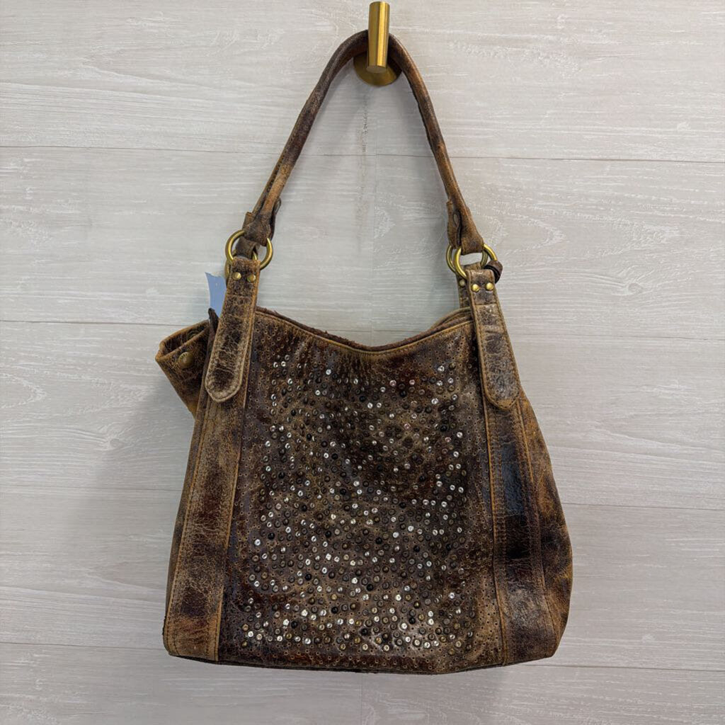 Frye Deborah Brown Distressed Leather Studded Tote Purse