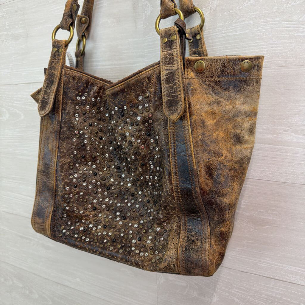 Frye Deborah Brown Distressed Leather Studded Tote Purse