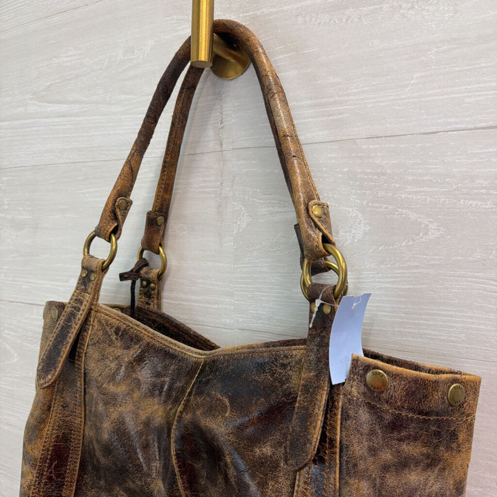 Frye Deborah Brown Distressed Leather Studded Tote Purse