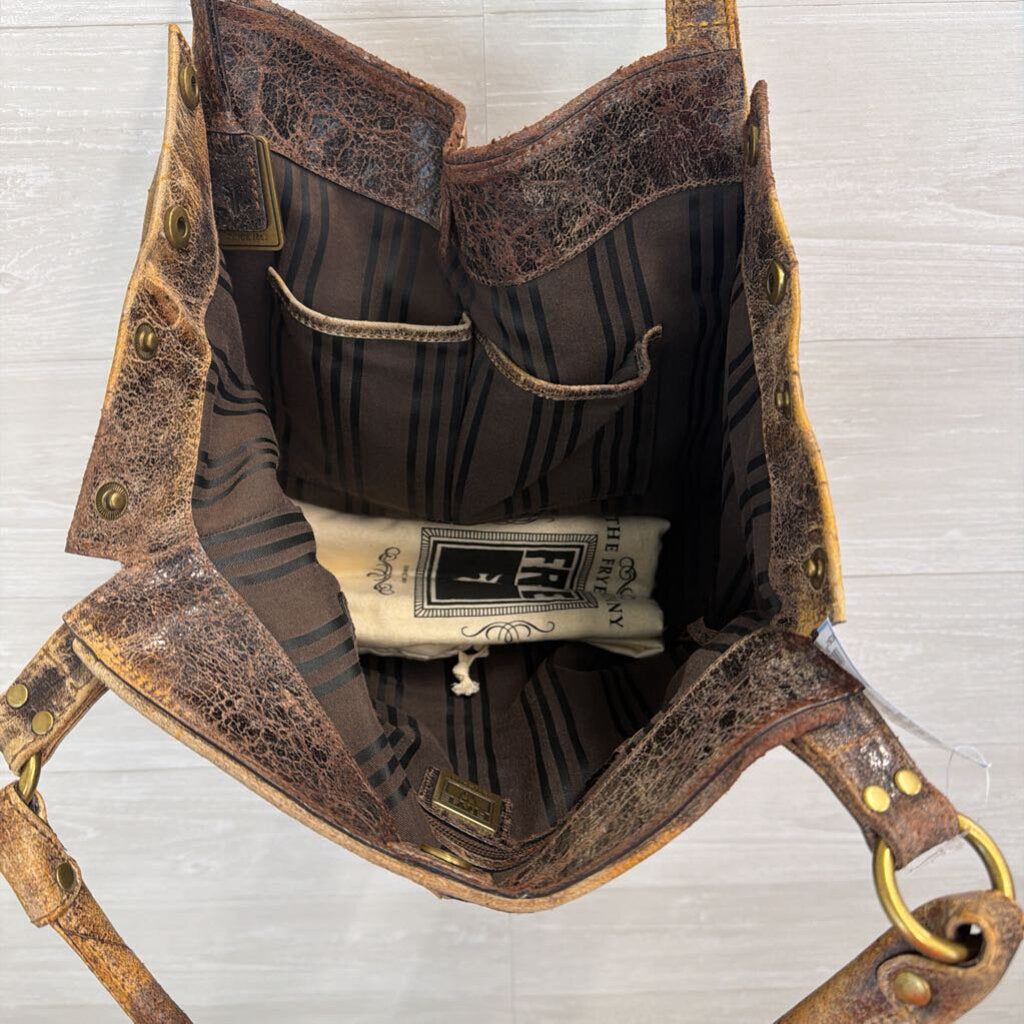 Frye Deborah Brown Distressed Leather Studded Tote Purse