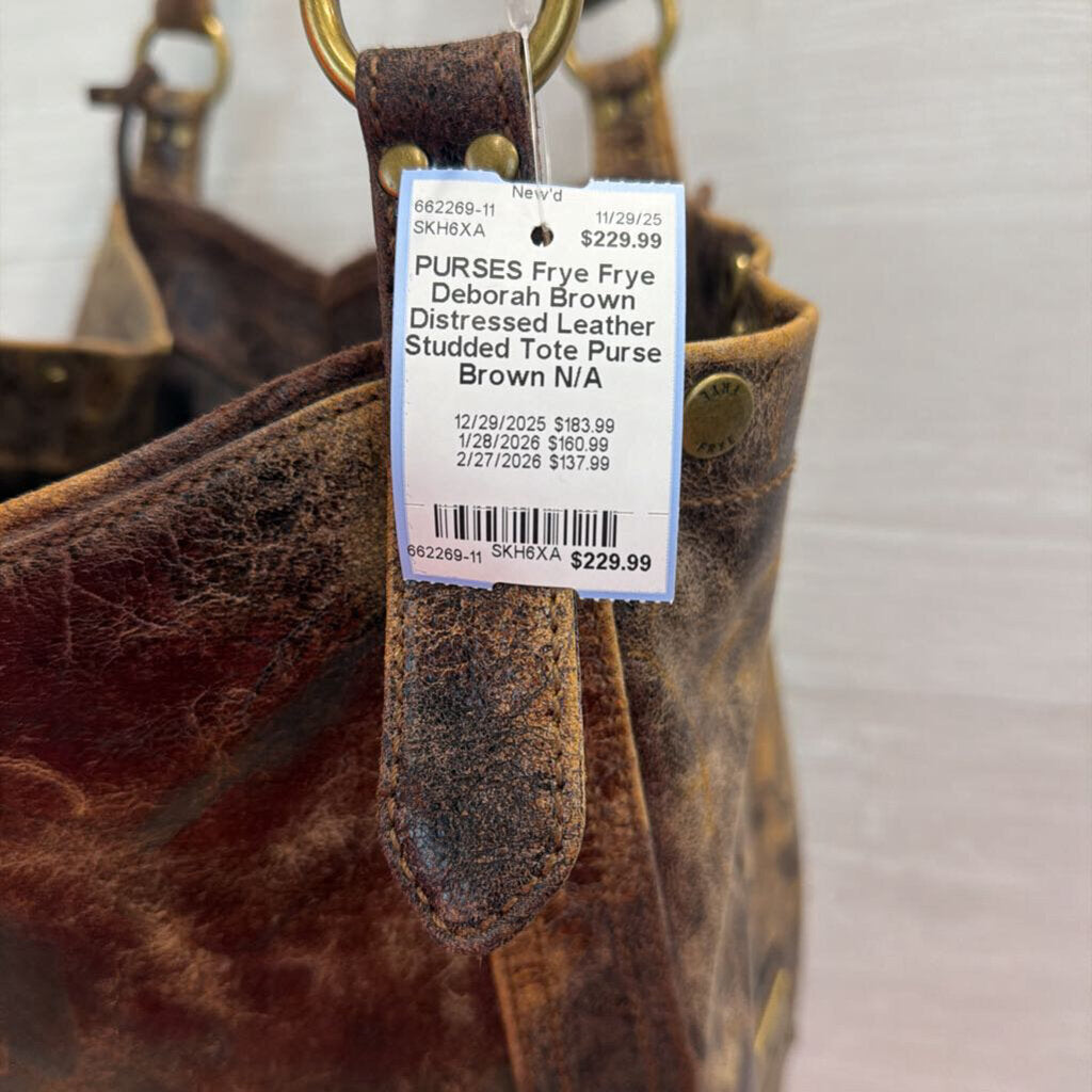 Frye Deborah Brown Distressed Leather Studded Tote Purse
