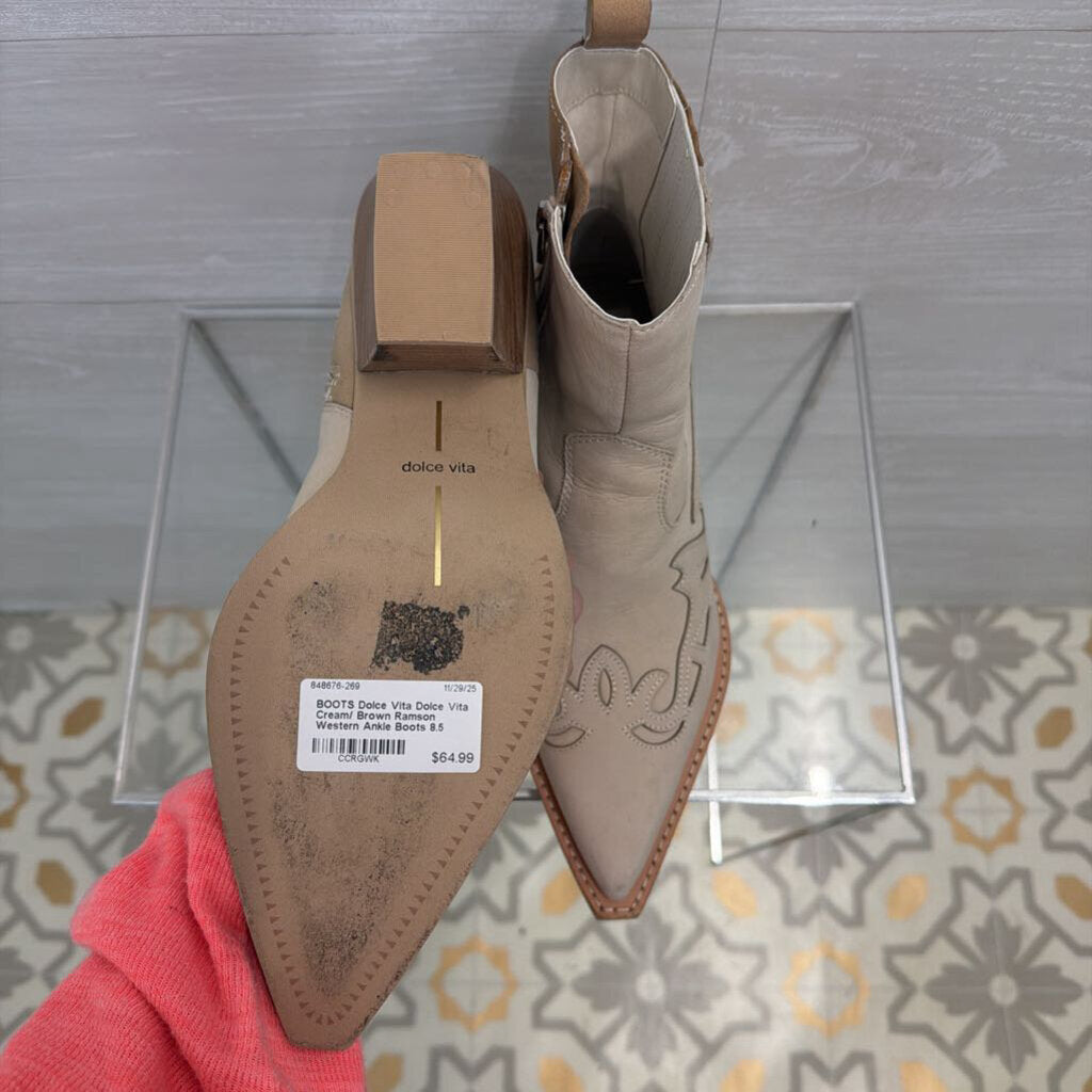 Dolce Vita Cream/ Brown Ramson Western Ankle Boots 8.5