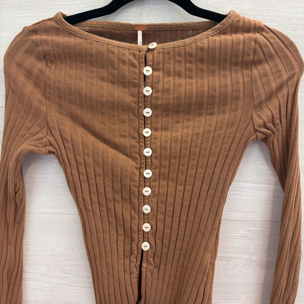 Free People Brown Ribbed Long Sleeve Button Front Top Small