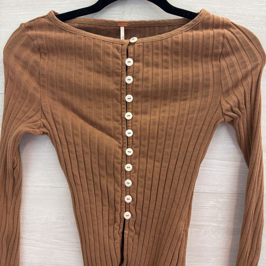 Free People Brown Ribbed Long Sleeve Button Front Top Small