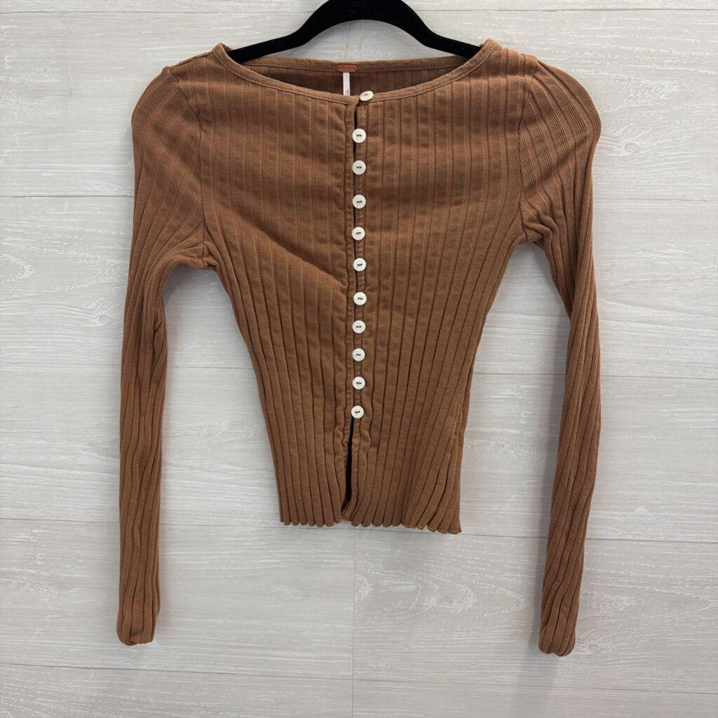 Free People Brown Ribbed Long Sleeve Button Front Top Small