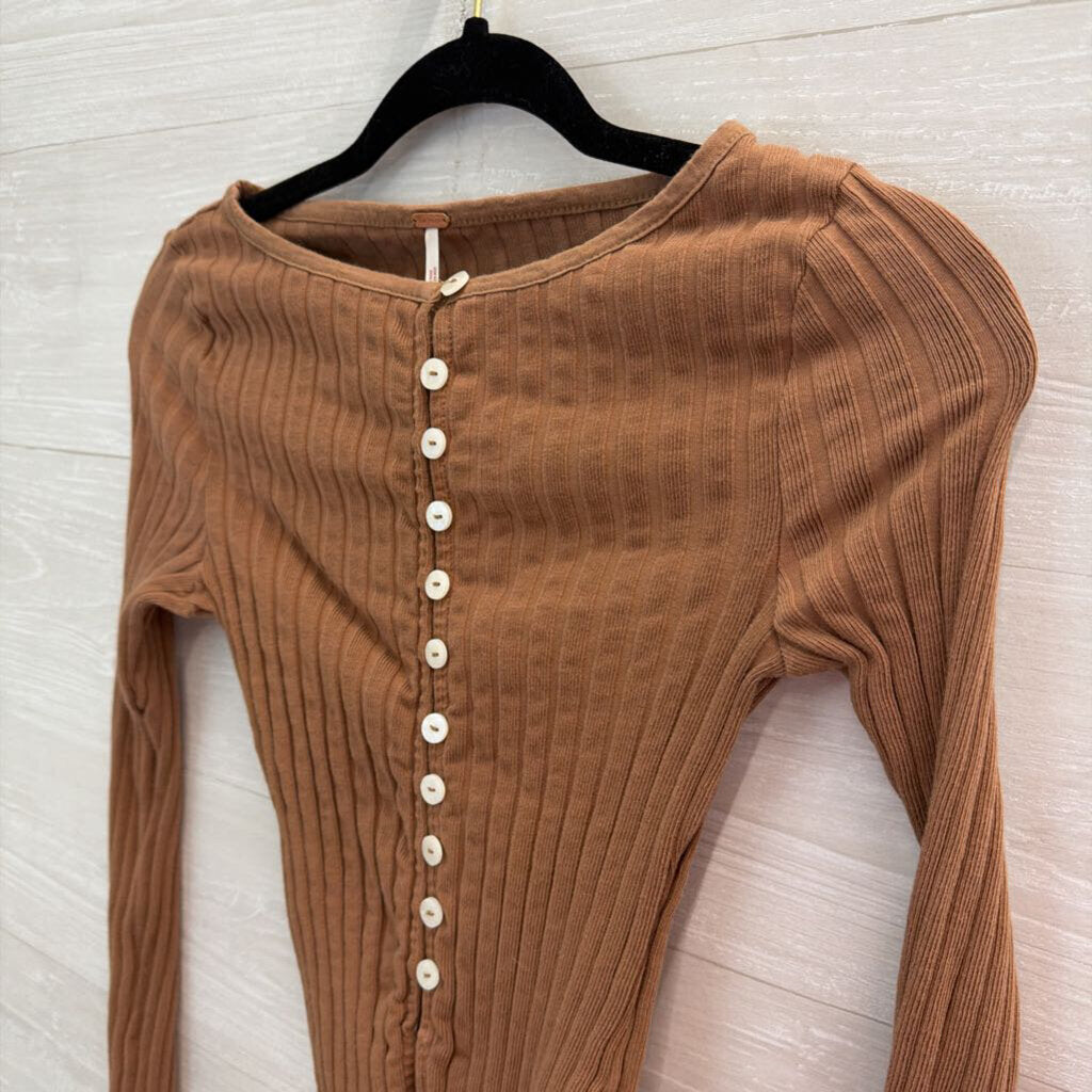 Free People Brown Ribbed Long Sleeve Button Front Top Small