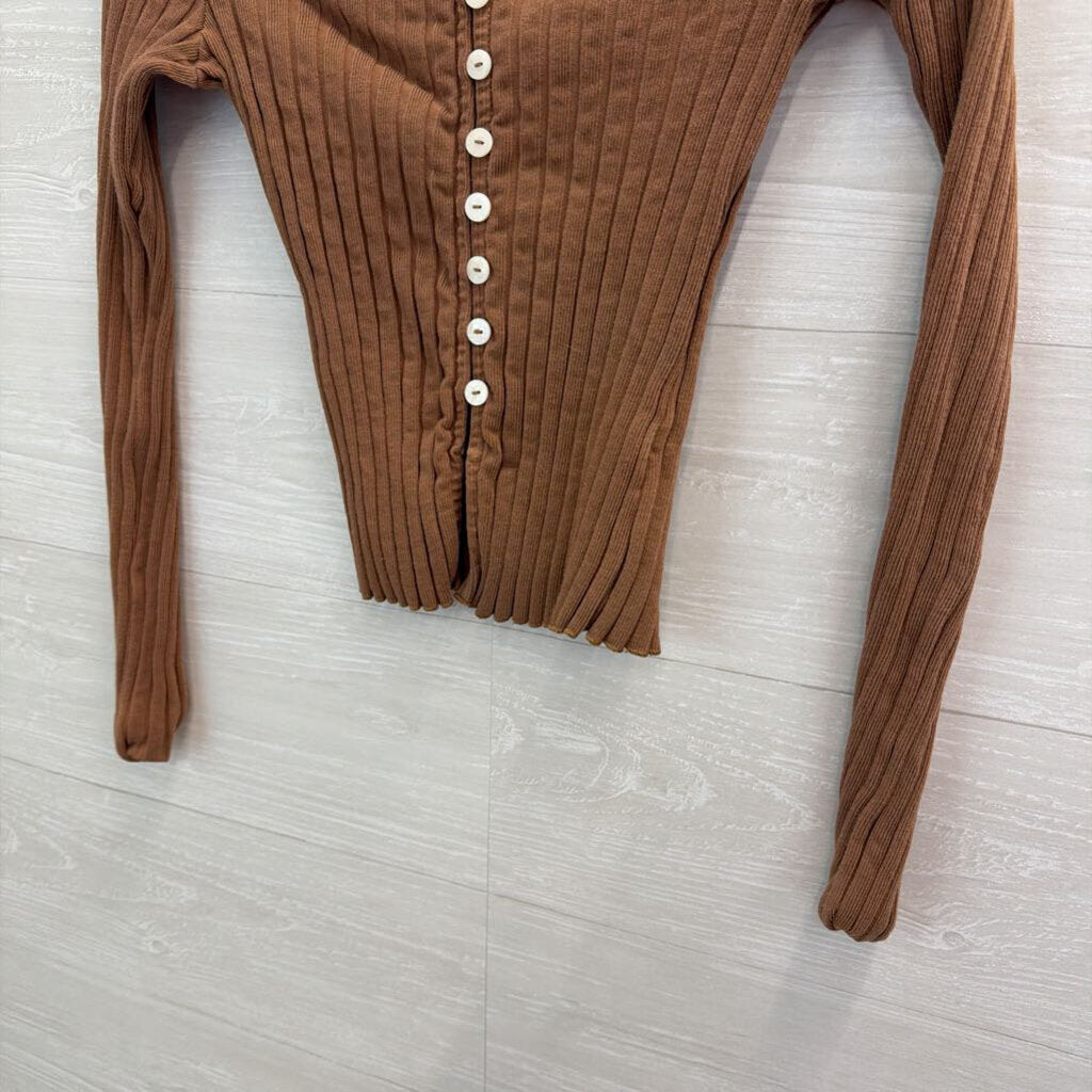 Free People Brown Ribbed Long Sleeve Button Front Top Small