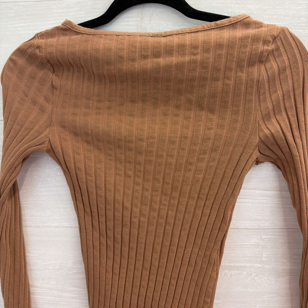 Free People Brown Ribbed Long Sleeve Button Front Top Small