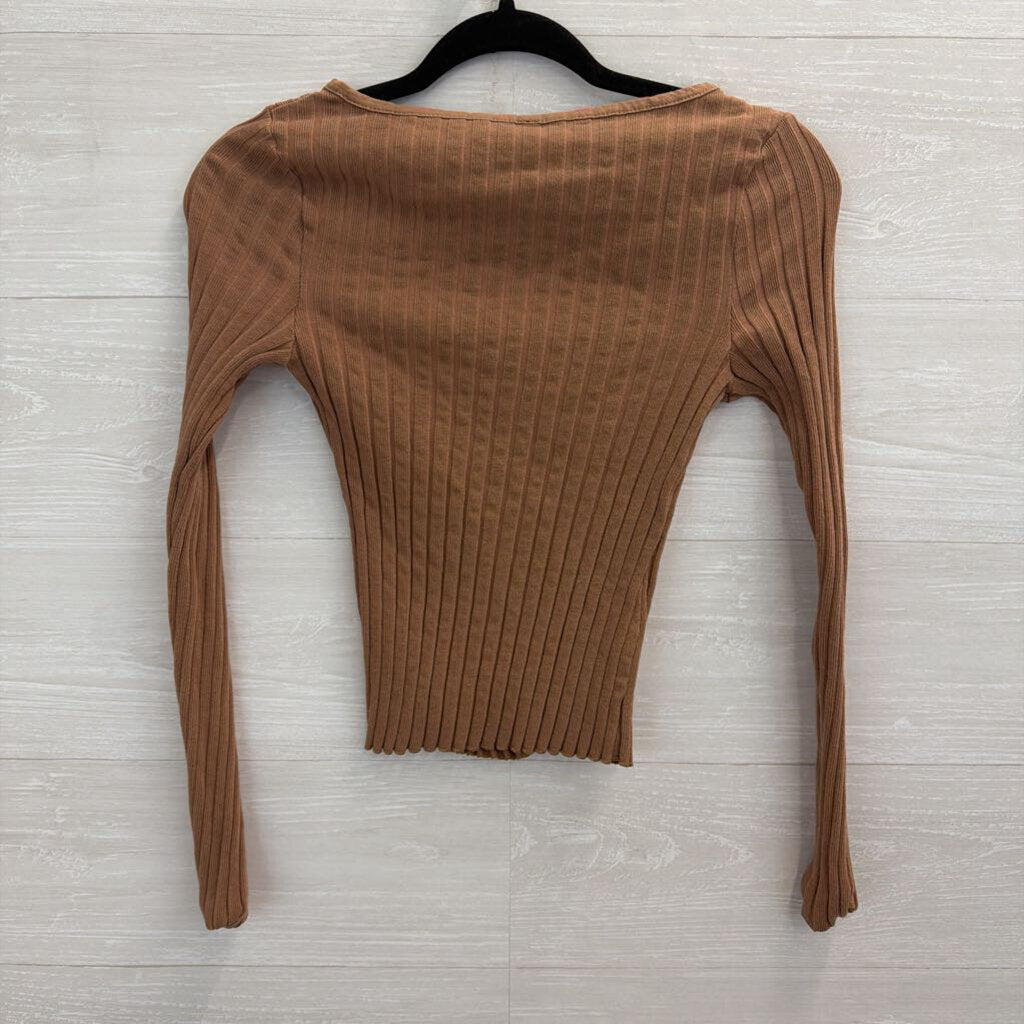 Free People Brown Ribbed Long Sleeve Button Front Top Small