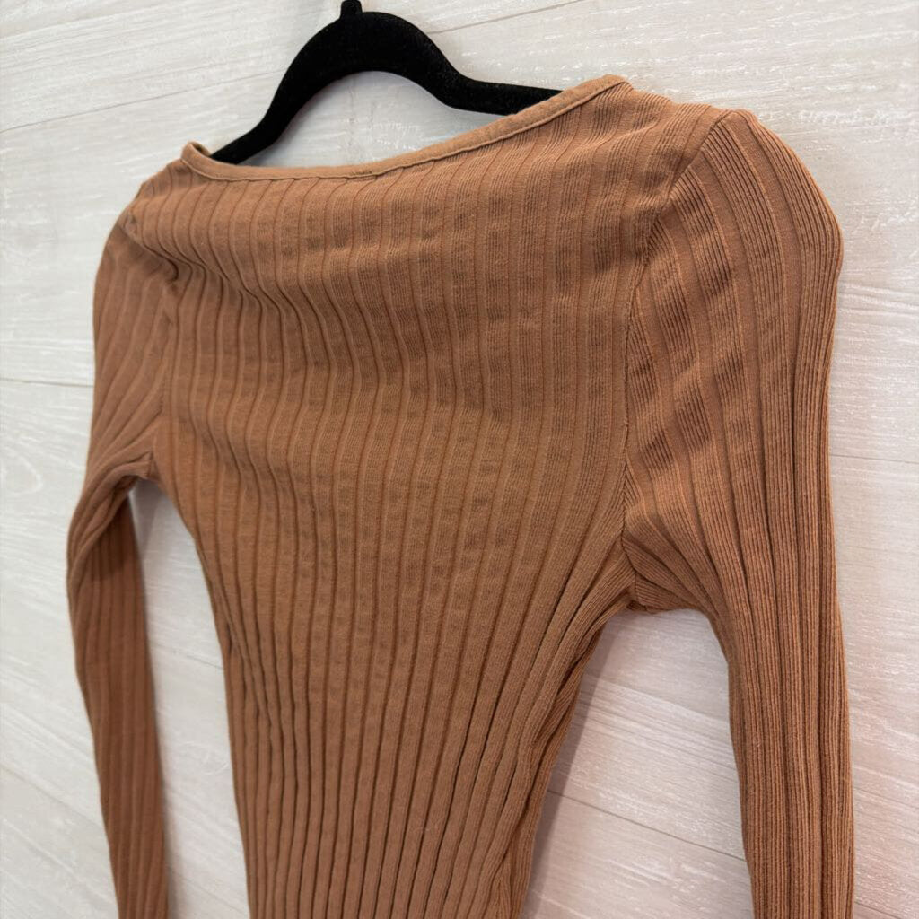 Free People Brown Ribbed Long Sleeve Button Front Top Small