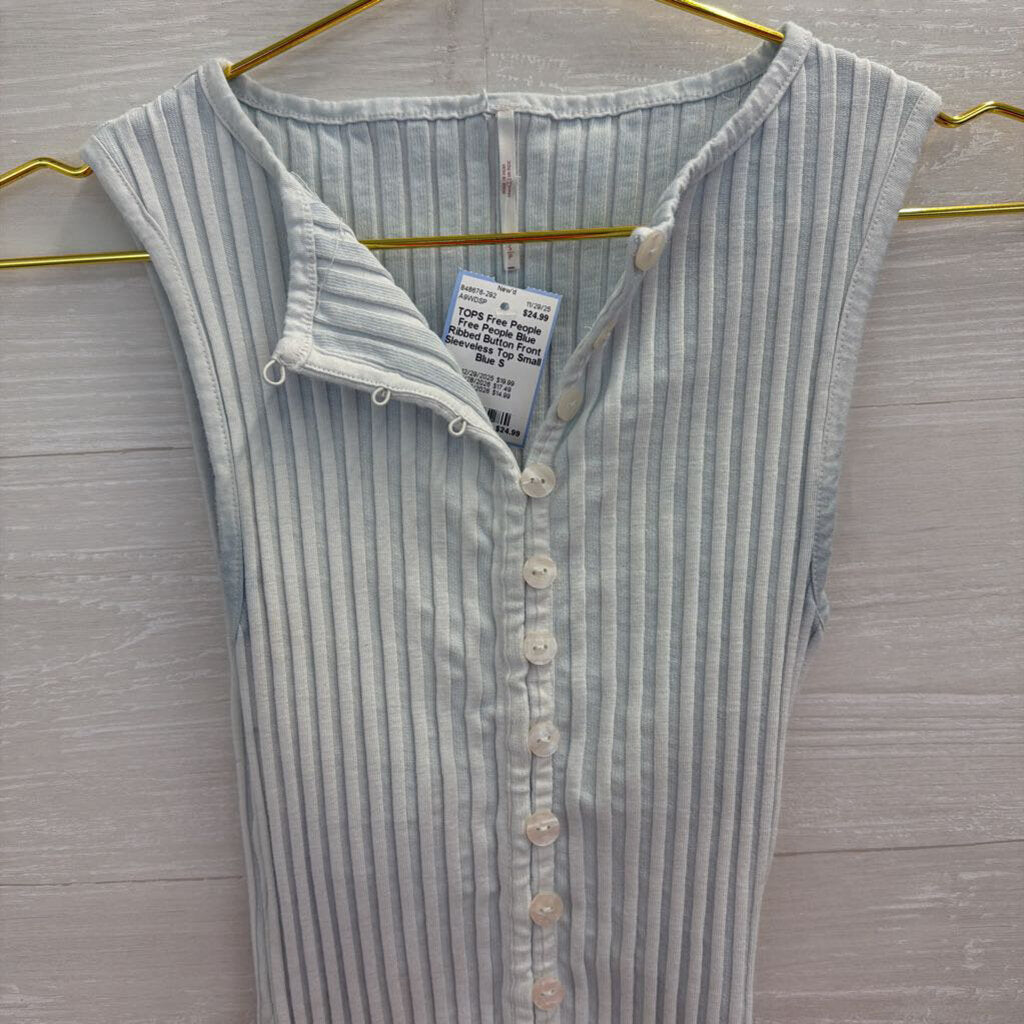 Free People Blue Ribbed Button Front Sleeveless Top Small