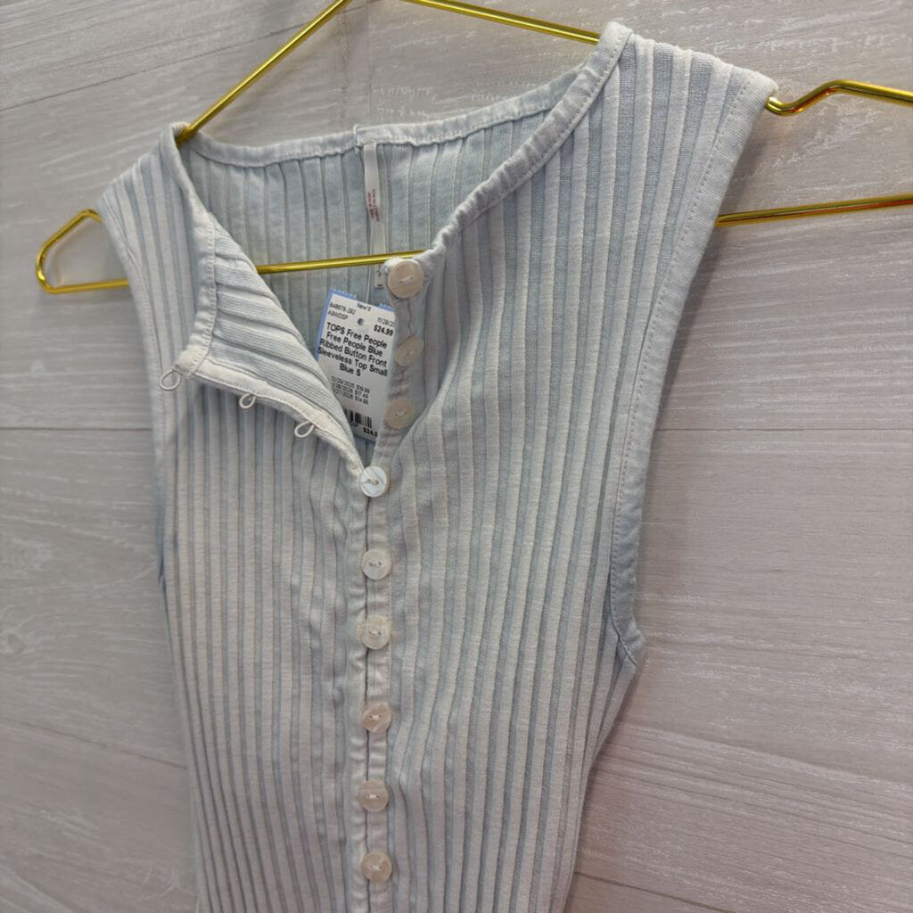 Free People Blue Ribbed Button Front Sleeveless Top Small